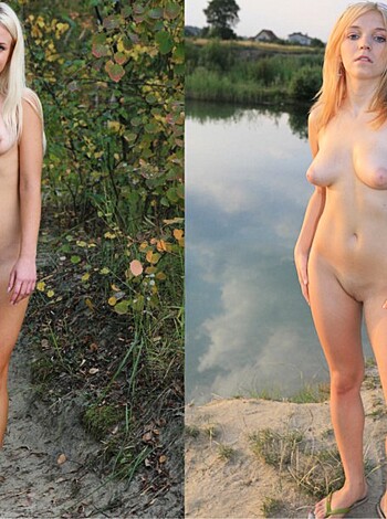 Two chicks, one shaved, the other with some light pubes, stand by a fucking lake, one holding a blue bag, gettin' it on and showing their snatches.