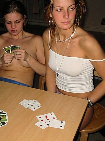 "Check out these two hot chicks playin' cards w/o their fucking shirts on, bro!"