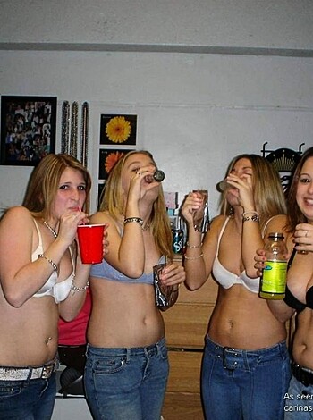 Vulgar description: "Here's four sluts titty-fuckin' booze, bro!"