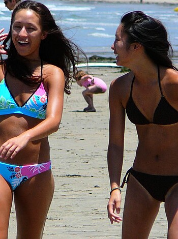 "Bikini-clad titties and asses strollin' on sandy shore."