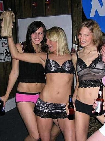 """
Four bitches slamming brews while wearing panties.
"""