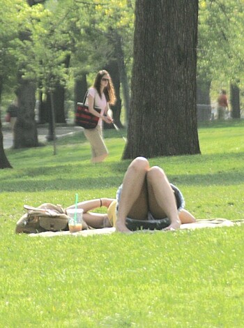Here's a guy with his dick out, chillin' on the lawn in just a pair of briefs, fuckin' around like he owns the place.