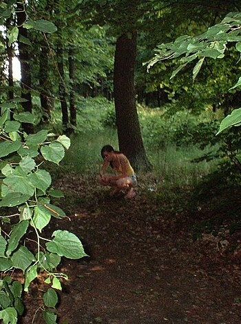 "Here's an unclothed fucker squatting on a log with his cheeks clenched."