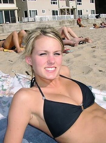 Vulgar description: "Young blonde bimbo lying on a goddamn towel, all tits and ass in her skimpy fucking bikini."