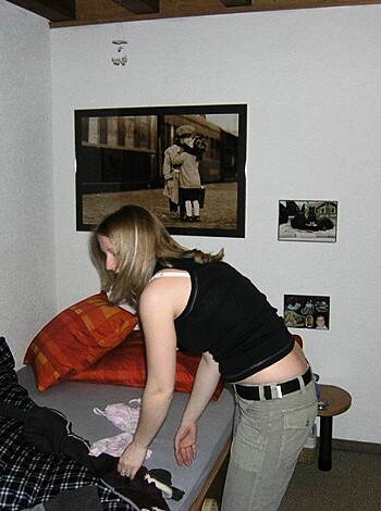 "
An old lady with her panties hanging off her saggy ass as she bends over to change the sheets on the fuckin' dirty mattress."