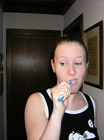 "This bitch is brushing her goddamn teeth like she owns the fucking place."