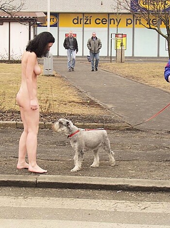 Look at this fucking picture of a bitch who is nude with her hands holding on to the leash of her fucking dog while she has a smug smile on her face as if she's doing something so badass.