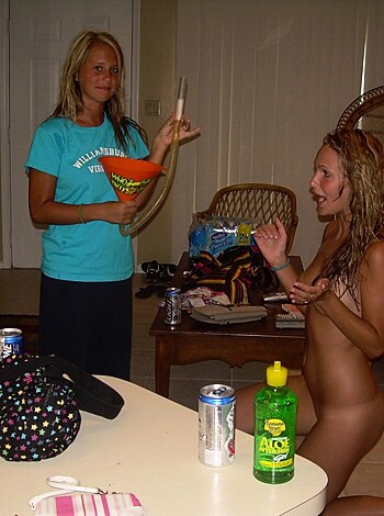 "This photo shows some slutty bitches getting fucked up at home with a barely dressed hoochie shaking her tits while the other bitch is making food in a bowl. There's booze and snacks everywhere, like a real party."