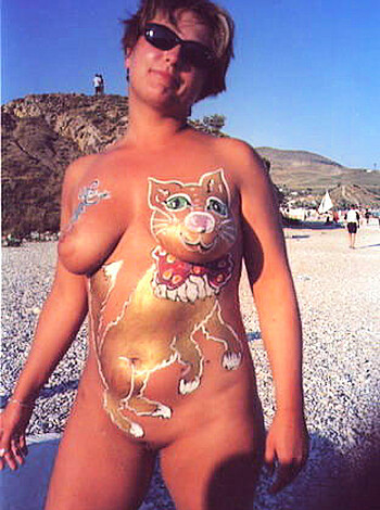"Fucking bitch at fucking beach with fucking cats painted on her fucking body."