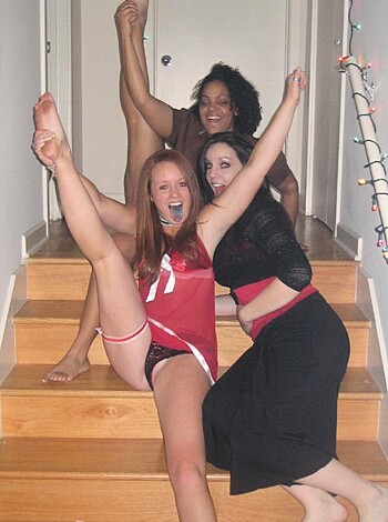 "Hey dudes! Check this f*cking picture of three chicks sitting on some steps while the one in the center has her fat ass spread wide open, while the other b*tch in black is smiling like a f*cking retard, and the last skank is showing off her tits with her f*cking arms up! F*ck yeah!"