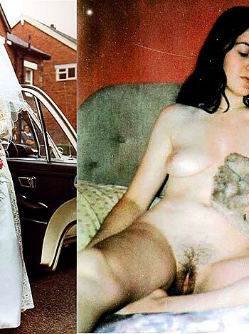 """
A photo of a bride clutching a teddy bear beside an image of a completely nude woman posed in a provocative manner.
"""