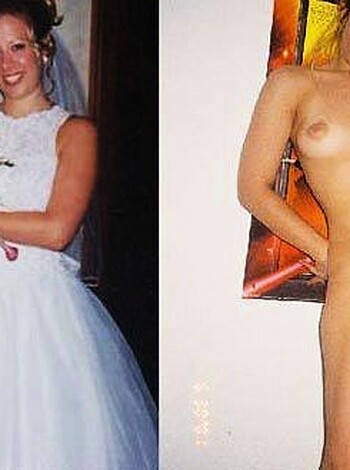 Here's an image of a naked chick with a giant fucking dildo shoved up her cunt, holding hands with some slutty bridal hoe-bag.