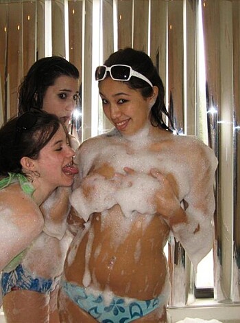 Four titties, two tongues, wet ass-shower bubble fun.