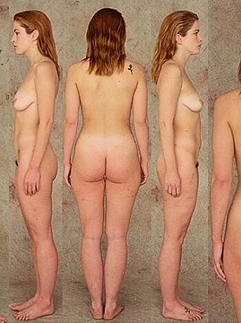 "Frontal and back shots of tits and ass on display, left profile."