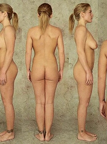 "Fuck, this chick is naked as shit! She's got a tight ass and big tits that are hangin' out for all to see. She's posing for some fucked up camera shit that makes her look all kinds of hot in different lights."
