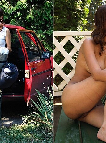 A naked chick sits on a park bench while some random lady walks past her car in the background.
