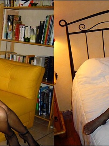 "Busty broad with black underwear on her tits sittin' on a mattress and a couch."