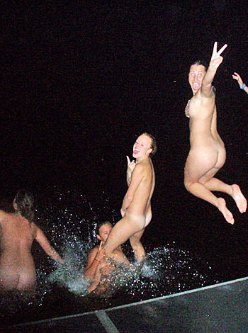 The fuckin' group of horny dudes with their cocks swinging wildly as they jump head first into the blackness, splashing and laughing like a bunch of naked motherfuckers out for some goddamn fun in the dark.