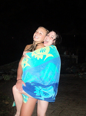 "Watch two lesbians kissing with one wrapped in tie-dye bathrobe."