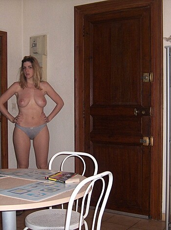 Vulgar description: "Here's a fucking shot of some nude chick standing in a goddamn kitchen, you perverts."