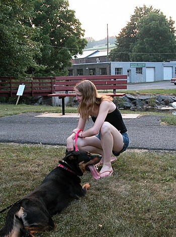 Brown haired chick squats down to jerk off her pooch, while holding its chain.