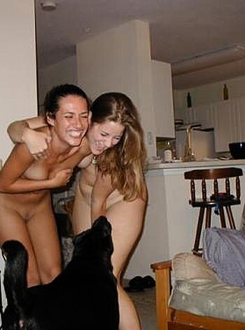 "Yo, bitch! Look at these titties, fucking gorgeous am I right? And check out my ass, so fat and juicy like a goddamn Thanksgiving turkey. Oh shit, look at the dog, all happy and shit licking its dick probably wishing it was banging our hot asses instead."