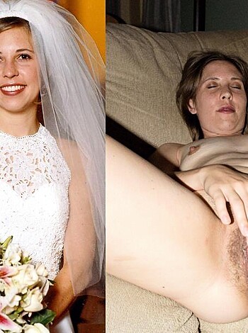 "This photo shows a slutty bitch with her cunt hanging out of a wedding dress fucking some dude."