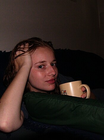 "Here's a fuckin' picture of a chick with her tits out and ass up in the air, drinkin' some hot java."