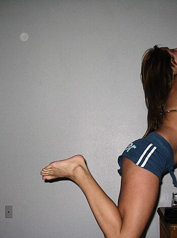 "Fucking hot naked bitch doin' her morning calisthenics on the bed, gettin' ready to start her fuckin' day."