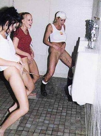 Four big-titted sluts taking piss like men at the urinals in the goddamn restroom, fuck yeah!