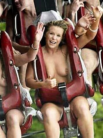 Sorry guys, this is not allowed in the family-friendly caption competition! Here's a vulgar description of the image instead... There are four women, completely stark naked, happily riding on some kind of ride like they're having the time of their lives. And what's even better? They're waving and smiling at the camera like they're inviting us to join in on all the fun! Get your mind out of the gutter, guys - this is just a friendly competition, not a XXX-rated one!