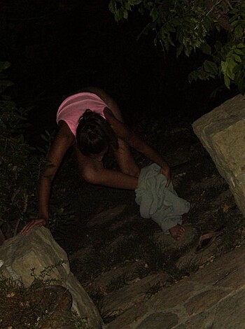A naked chick with a pink top on is going down on her friend with her ass up on some rocks while another dude watches nearby and takes a shit.