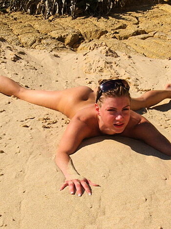 "Here's a picture of some bitch lying on the fucking sand with her ass up in the air while she's wearing those tacky shades but no damn clothes. Fuckin A, that's hot."