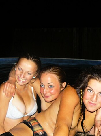 """
Four chicks in bikinis doing a selfie by the pool.
""" 

Or,

"""
Four sluts in bikinis striking a pose by the swimming hole.
"""