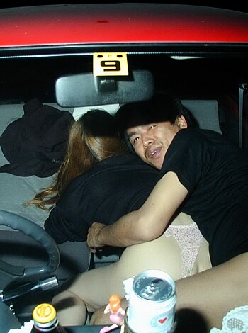 Here's the vulgar description of the image: "Fucking in a car with a bunch of trash surrounding them, looks like they were having some random fun."