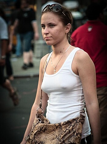 "Yo, check out this fuckin' bitch with her titties out, bra-less and shit."