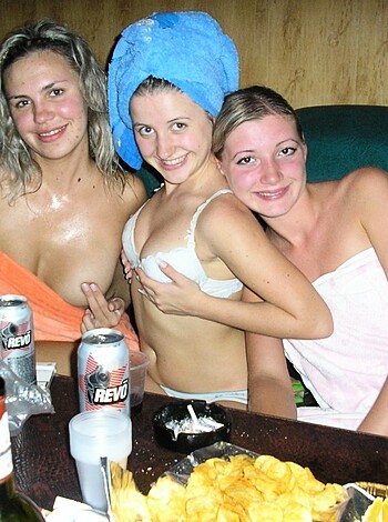 "Here are two busted chicks, one with a bra and a beer."