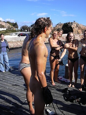 "Fucking hell, check out these goddamn nude assholes on the fucking dock."