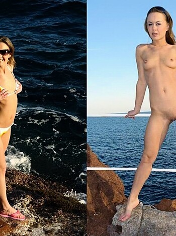 Two nude bitches chillin' on the shore with their tits out and asses up, flaunting their milky white skin and perfect bodies like the fucking goddesses they are while enjoying a relaxing day by the sea, not giving one single fuck about what anyone else thinks because they know they look damn good.
 
Or: