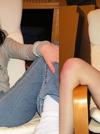 """
Vulgar description of image: A naked chick sits on a chair with her pants around her ankles, sucking dick while exposing her butt cheeks.
"""