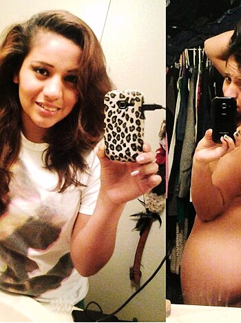This photo shows a nude chick, both completely and partially unclothed.