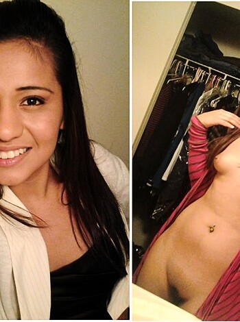 The top photo shows an attractive chick dressed up in a fancy frock, while the bottom pic displays a nude babe.