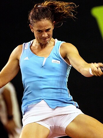 Fuckin' bitch tryin' to play fuckin' tennis while wearin' those stupid ass fuckin' blue and white pieces of shit.