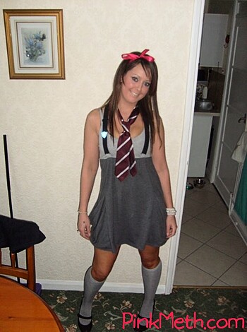Here's the description of that fucking hot bitch in her sexy little girl uniform, with a fucking cute ass bow and fucking tight suspenders.
