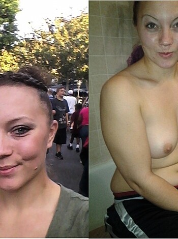 """
Top pic: Nerdy-looking chick with specs; bot pic: Tits out, bra off, titties in sight.
"""