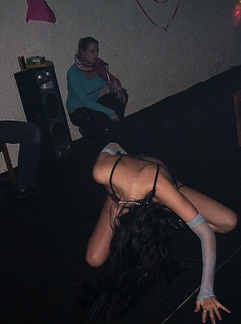 "Check out this bitch getting her tits out, fucking some dick while everyone else sits and watches."