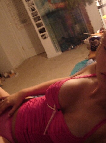 "Phat-ass, titty-bustin' bitch, lying on her back with a come-fuck-me grin while sporting some fuckin' sexy pink bikini."
