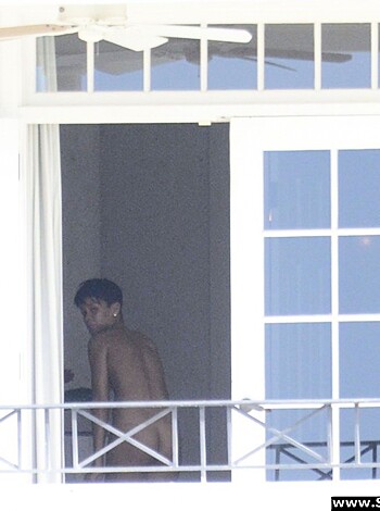 A bare-chested fucktard gazes at something through a goddamn window.