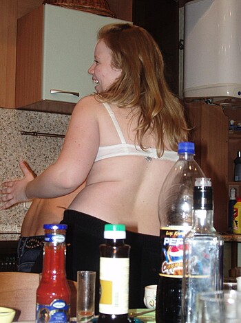 "Fucking hot chick with huge tits squeezin' her boobs against some dumbass dude."