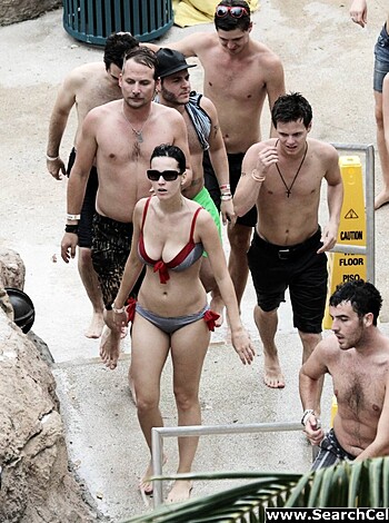 """
A bunch of tourists strolling through some swimming pools at an inn.
 """